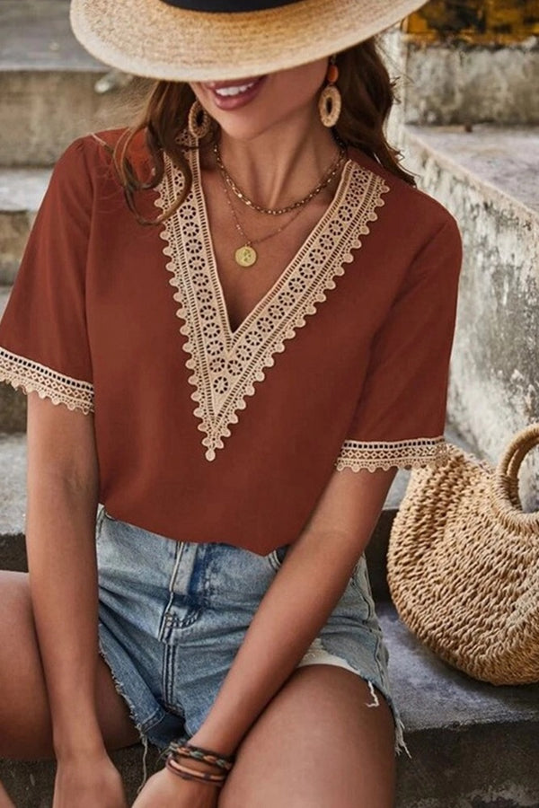 Plain V Neck Lace Edge Short Sleeves Top - Rust - Broken horn