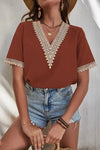 Plain V Neck Lace Edge Short Sleeves Top - Rust - Broken horn