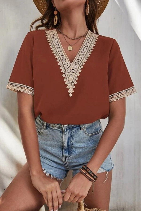 Plain V Neck Lace Edge Short Sleeves Top - Rust - Broken horn