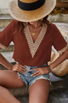 Plain V Neck Lace Edge Short Sleeves Top - Rust - Broken horn