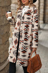 Aztec Print Button Up Long Length Western Fleece Jacket - Broken horn