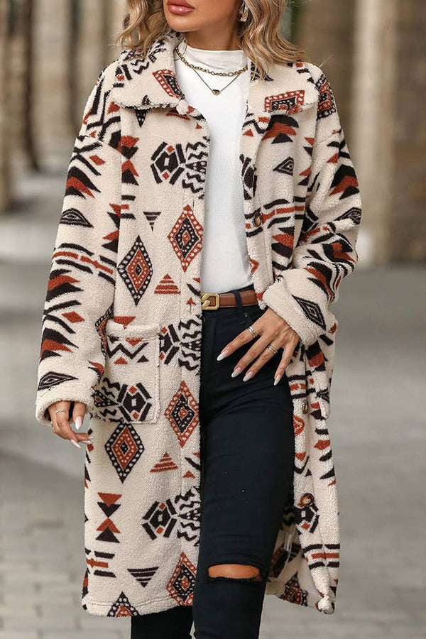 Aztec Print Button Up Long Length Western Fleece Jacket - Broken horn