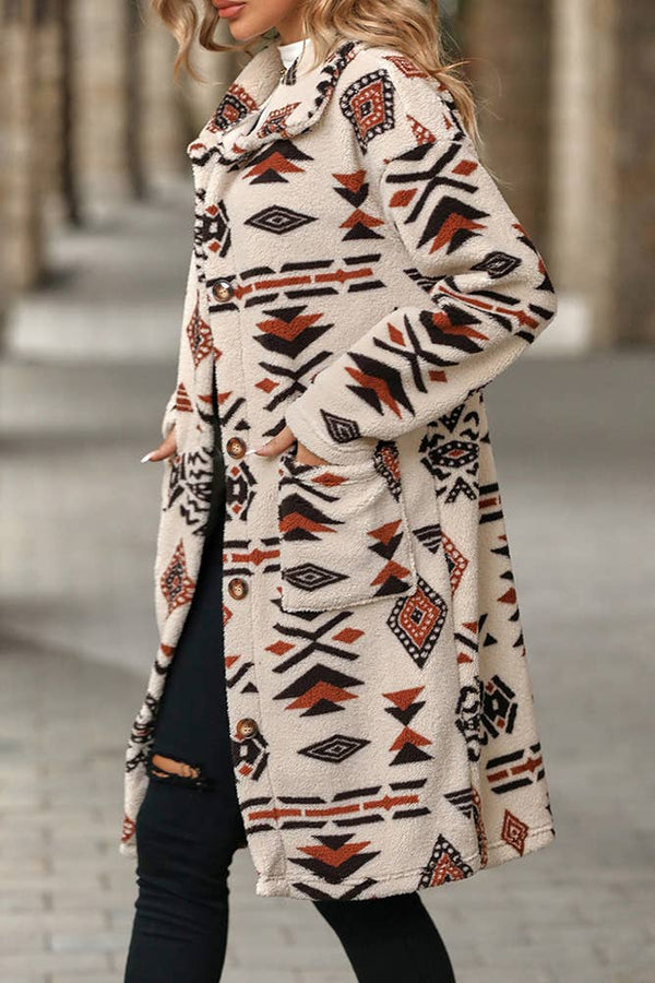 Aztec Print Button Up Long Length Western Fleece Jacket - Broken horn