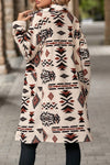 Aztec Print Button Up Long Length Western Fleece Jacket - Broken horn