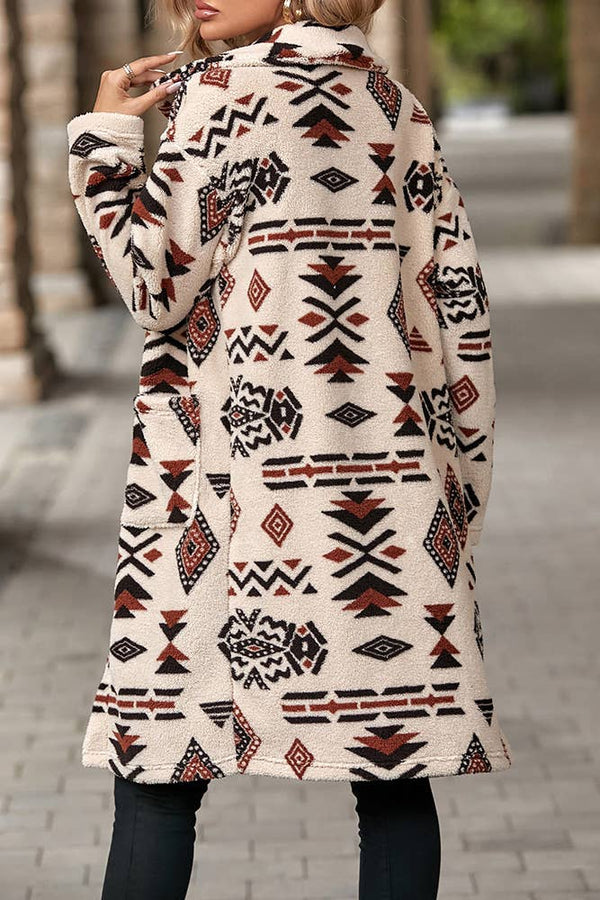 Aztec Print Button Up Long Length Western Fleece Jacket - Broken horn