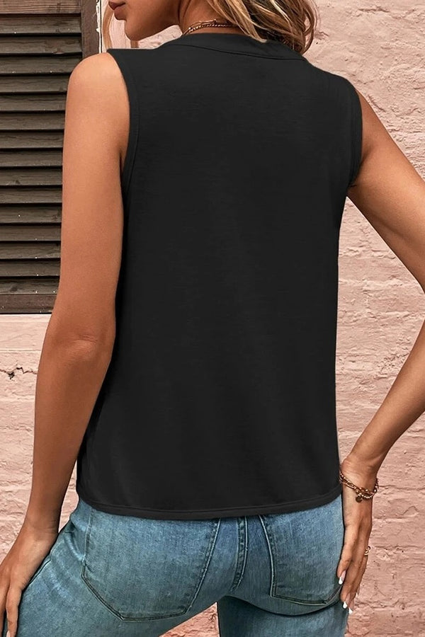 Plain Smocked Sleeveless Top - Black - Broken horn