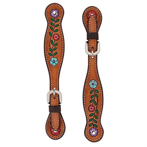 Turquoise Cross Floral Vine Spur Straps, Ladies' - Broken horn