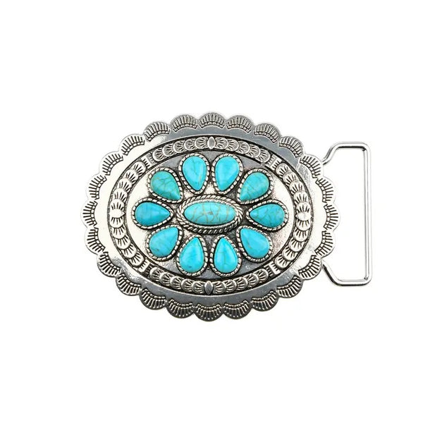Oval Burnished Silver Buckle with Turquoise Flower Accent - Broken horn