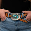 Oval Burnished Silver Buckle with Turquoise Flower Accent - Broken horn