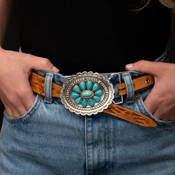Oval Burnished Silver Buckle with Turquoise Flower Accent - Broken horn
