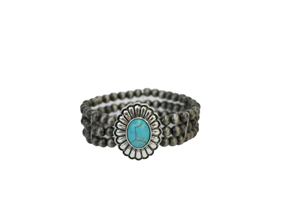 3 Strand Faux Navajo Pearl Bracelet w/ Turquoise Concho - Broken horn