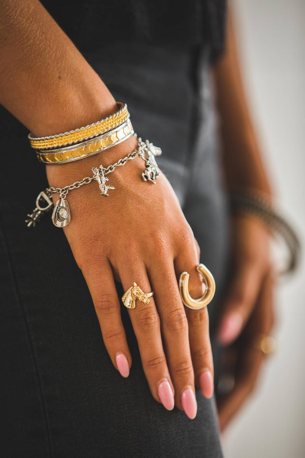 Gold Plated Burnished Concho Charm Bracelet - Broken horn