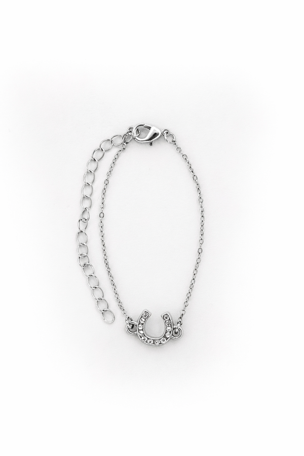 White Gold Plated Dainty Rhinestone Horseshoe Chain Bracelet - Broken horn