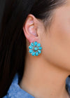 Burnished Silver and Turq Flower Stud Earring - Broken horn