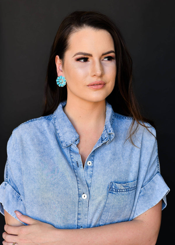 Burnished Silver and Turq Flower Stud Earring - Broken horn