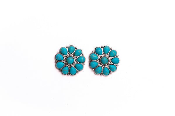 Burnished Silver and Turq Flower Stud Earring - Broken horn