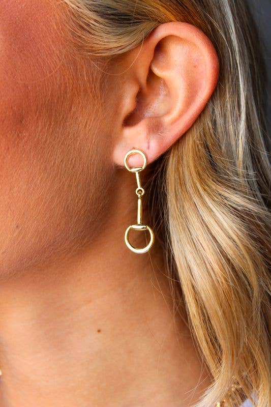 Gold Plated Equestrian Bit Drop Post Earrings - Broken horn