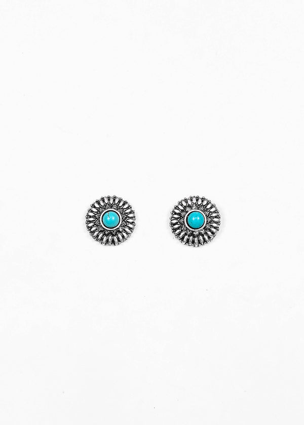 Silver Flower Stud Earring with Turquoise Accent - Broken horn