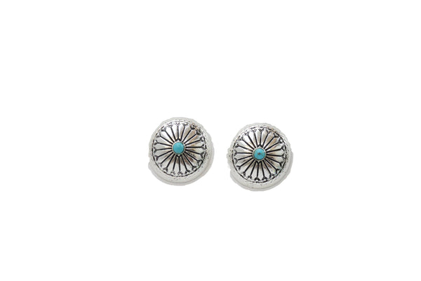 Silver Stamped Post Concho Earring w/ Turquoise Accent - Broken horn