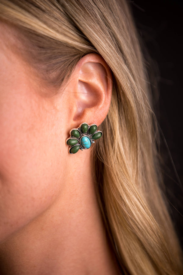 Turquoise and Green Half Flower Post Earring - Broken horn