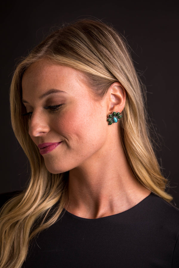 Turquoise and Green Half Flower Post Earring - Broken horn