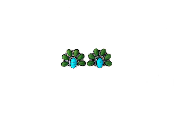 Turquoise and Green Half Flower Post Earring - Broken horn