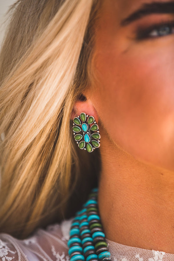 Turquoise and Green Oval Cluster Post Earring - Broken horn