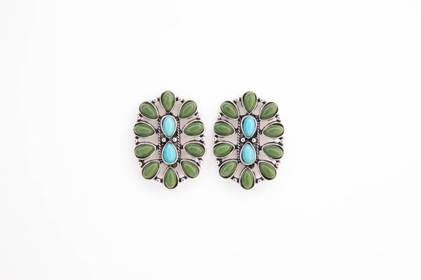 Turquoise and Green Oval Cluster Post Earring - Broken horn