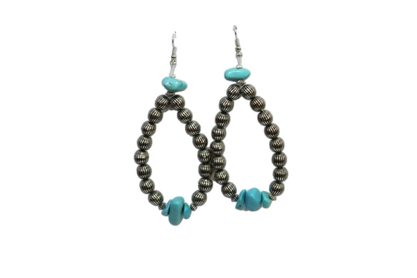Turquoise & Melon Bead Teardrop Earrings - Broken horn