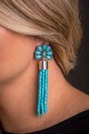 Turquoise Tassel Earring on Turquoise Flower Post - Broken horn