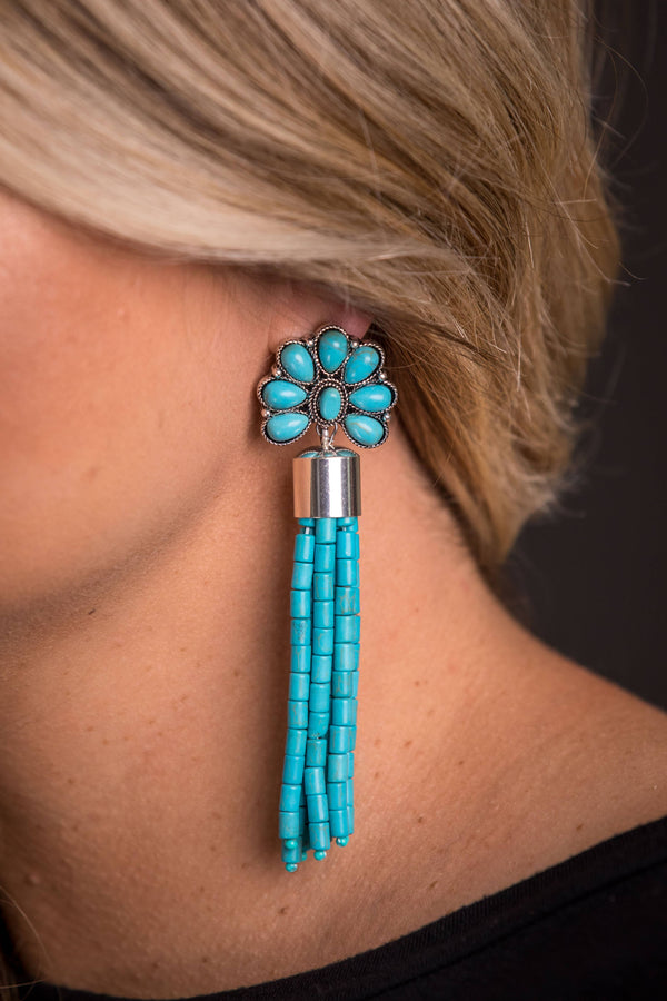 Turquoise Tassel Earring on Turquoise Flower Post - Broken horn