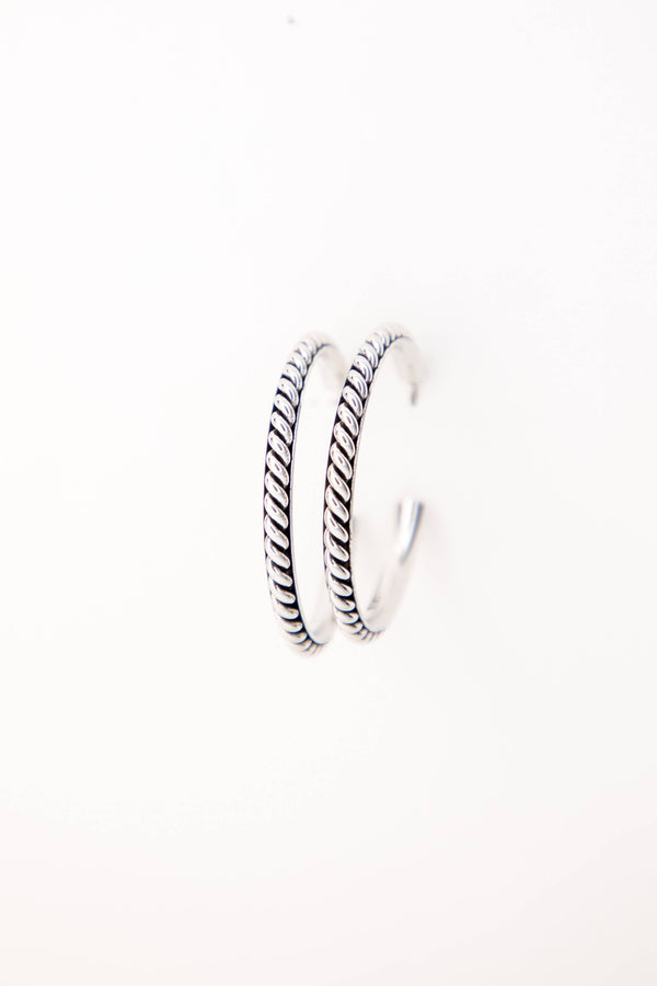 White Gold Plated Hoop Earring with Twist Detailing - Broken horn