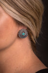 Burnished Silver Flower Concho Post Earring w/ Turquoise - Broken horn