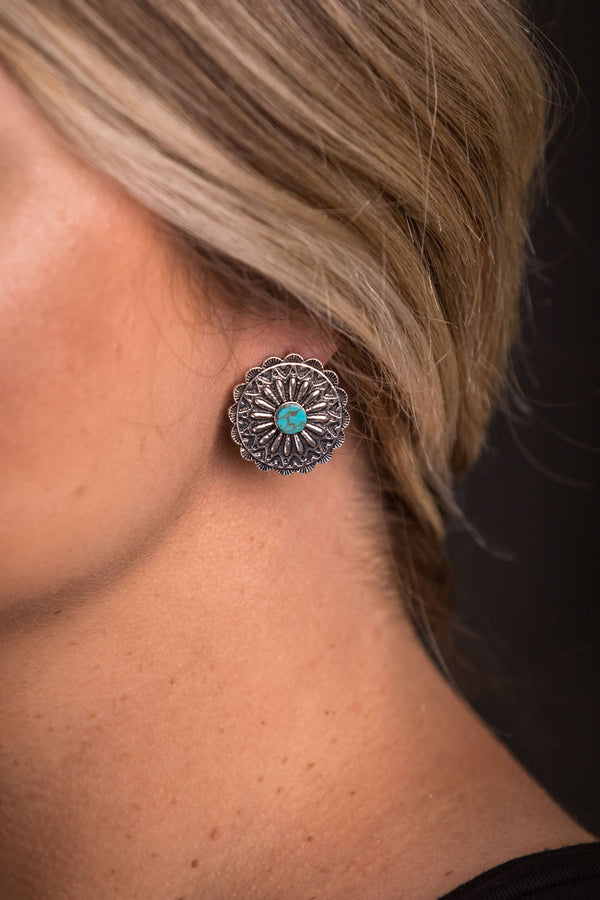 Burnished Silver Flower Concho Post Earring w/ Turquoise - Broken horn