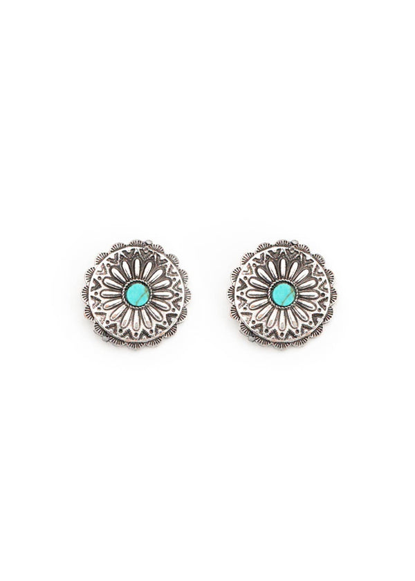 Burnished Silver Flower Concho Post Earring w/ Turquoise - Broken horn