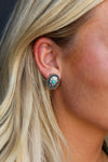 Oval Flower Concho Post Earring w/ Turquoise Accent - Broken horn