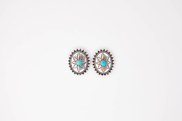 Oval Flower Concho Post Earring w/ Turquoise Accent - Broken horn