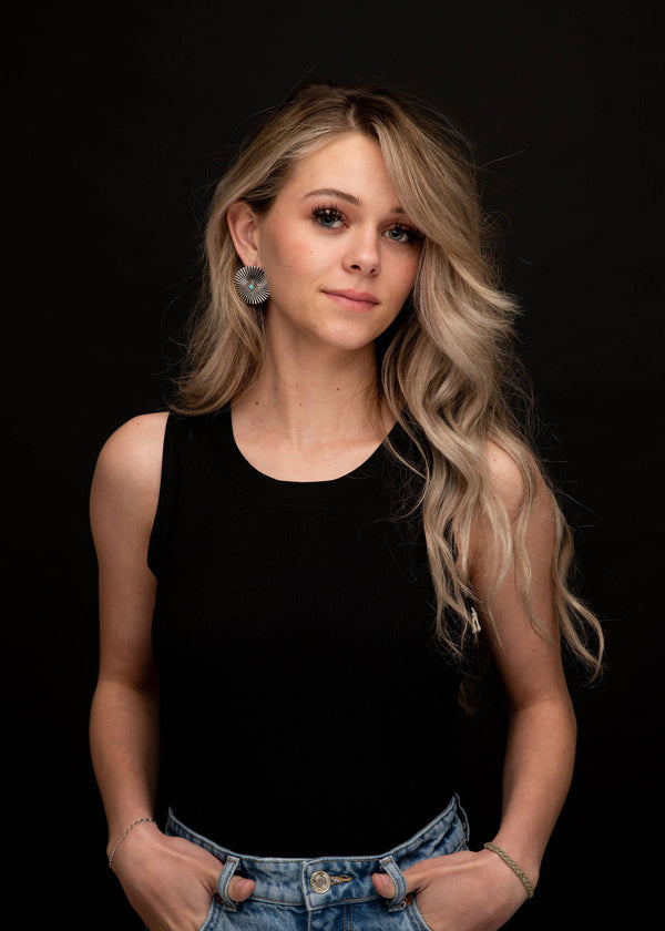 Silver Burst Post Earring with Turquoise Accent - Broken horn