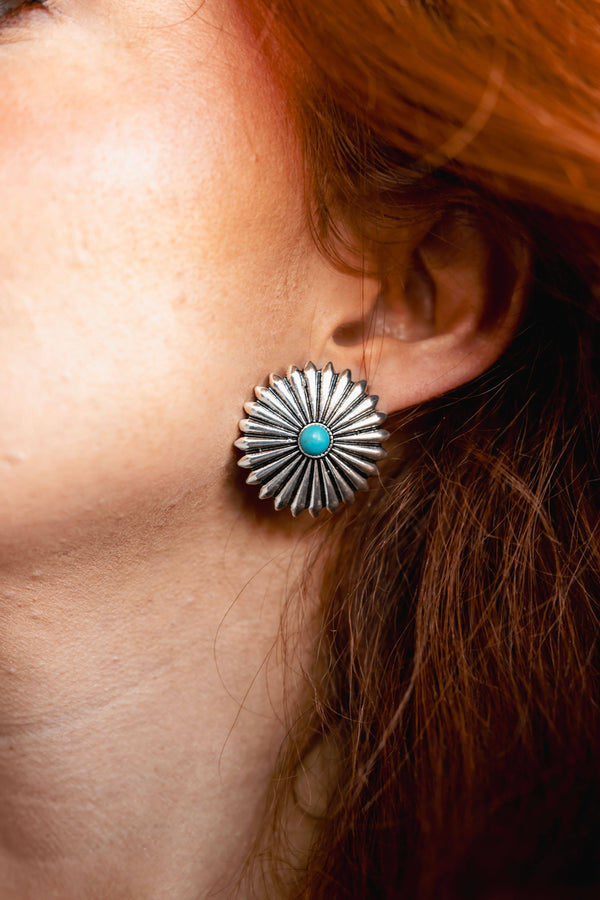 Silver Conco Burst Post Earrings w/ Turquoise Accent - Broken horn