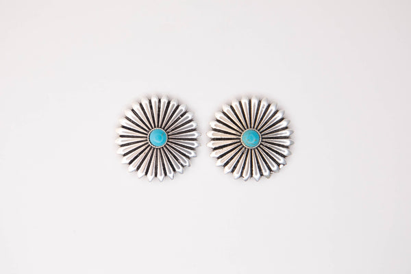 Silver Conco Burst Post Earrings w/ Turquoise Accent - Broken horn
