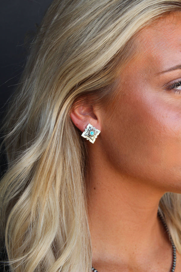 Silver Square Concho Stud Earrings w/ Turquoise Accent - Broken horn