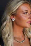 Silver Square Concho Stud Earrings w/ Turquoise Accent - Broken horn