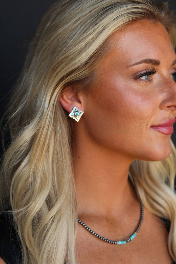 Silver Square Concho Stud Earrings w/ Turquoise Accent - Broken horn