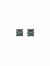 Silver Square Concho Stud Earrings w/ Turquoise Accent - Broken horn
