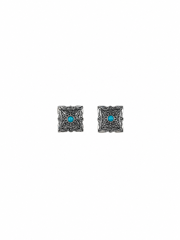 Silver Square Concho Stud Earrings w/ Turquoise Accent - Broken horn