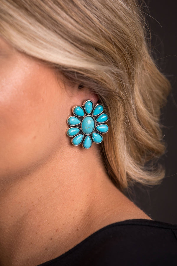Turquoise Flower Cluster Post Earrings - Broken horn