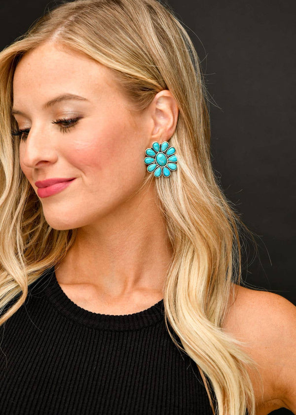 Turquoise Flower Cluster Post Earrings - Broken horn