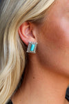 Turquoise Rectangle Post Earrings w/ Stamped Border - Broken horn