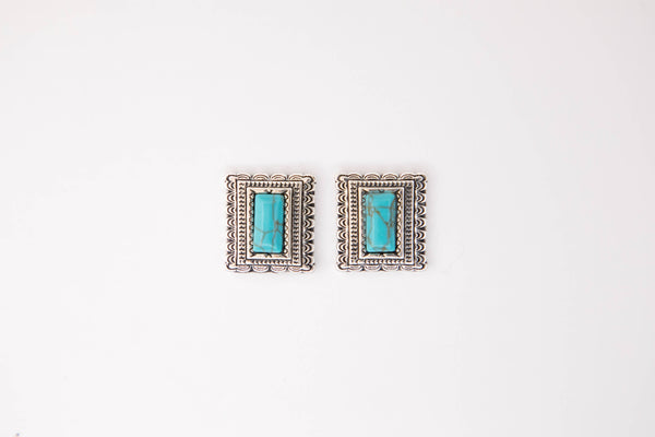 Turquoise Rectangle Post Earrings w/ Stamped Border - Broken horn