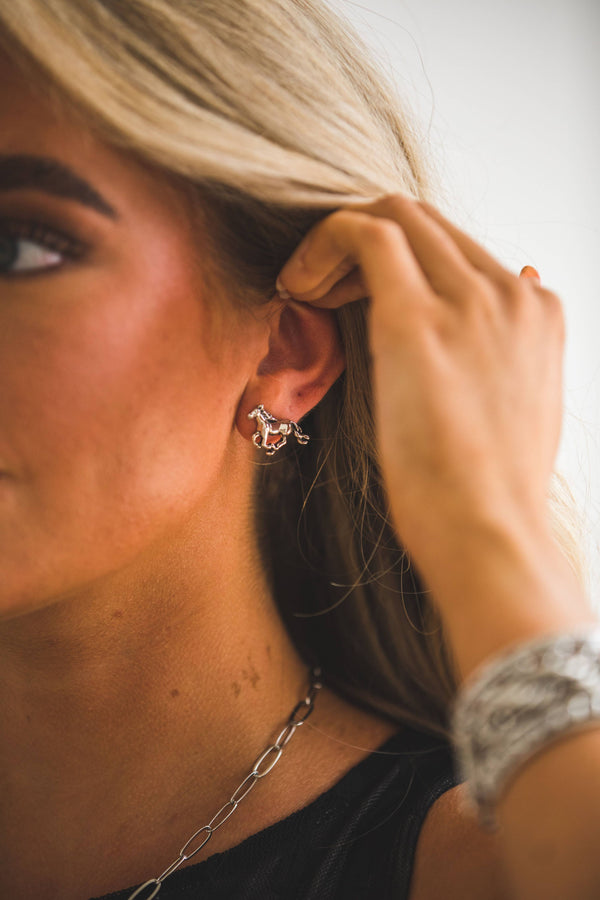 White Gold Plated Burnished Running Horse Earring - Broken horn